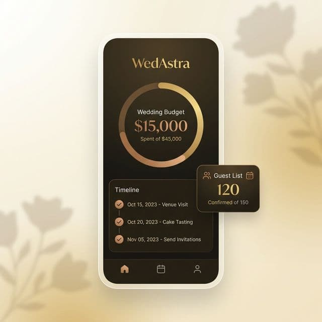 The Wedastra mobile app showing a wedding budget ring, timeline, and guest list