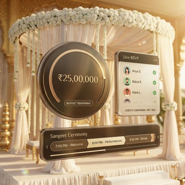 A floral wedding mandap with Wedastra’s budget, RSVP, and ceremony-timeline cards floating in front of it